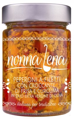 Peperoni a filetti con crccante di frisa e curcuma