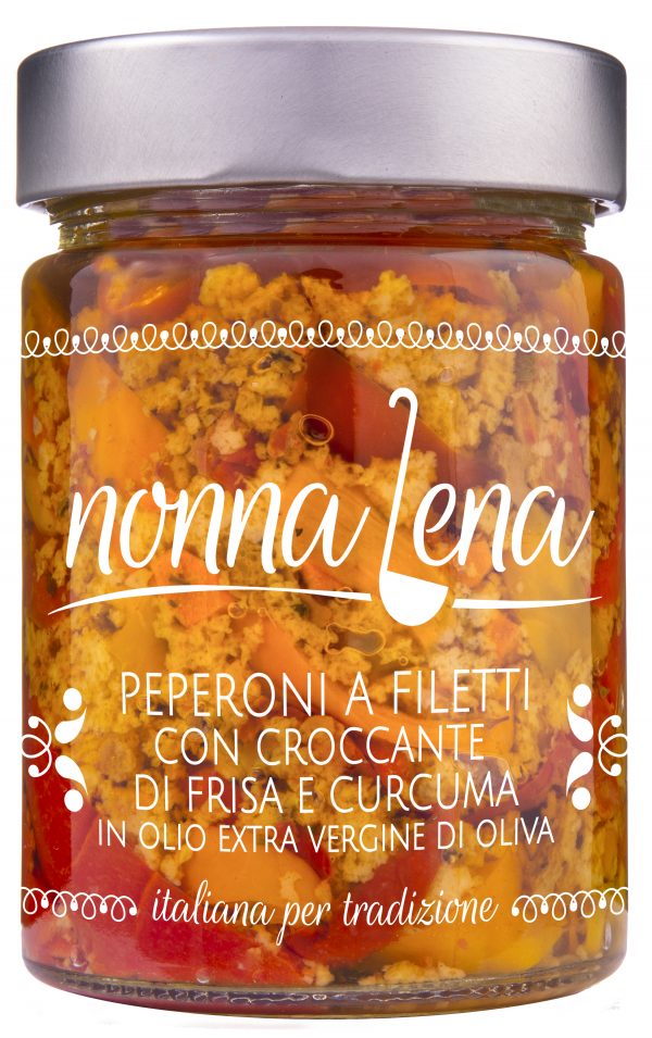 Peperoni a filetti con crccante di frisa e curcuma